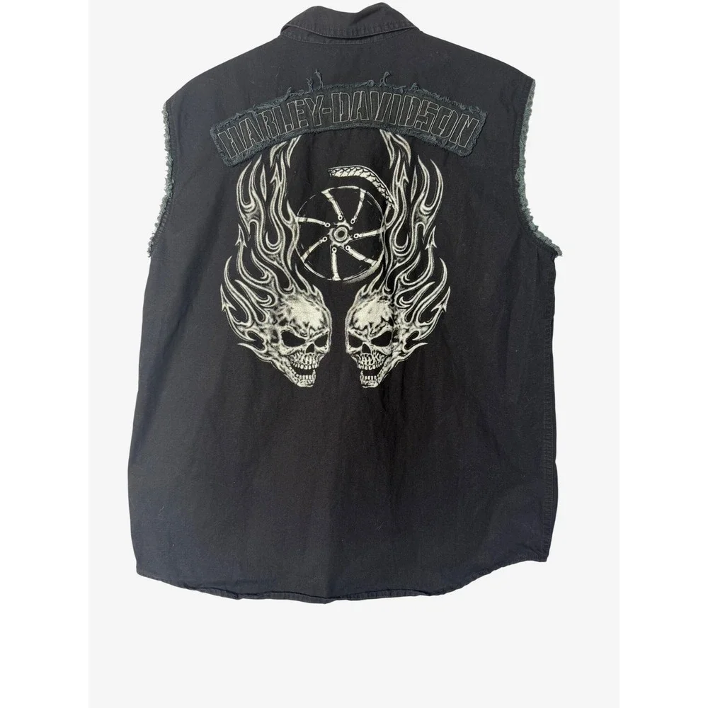 Harley Davidson Sleeveless Vest Sz L Mens Black Flaming Skull Graphic Biker Vest